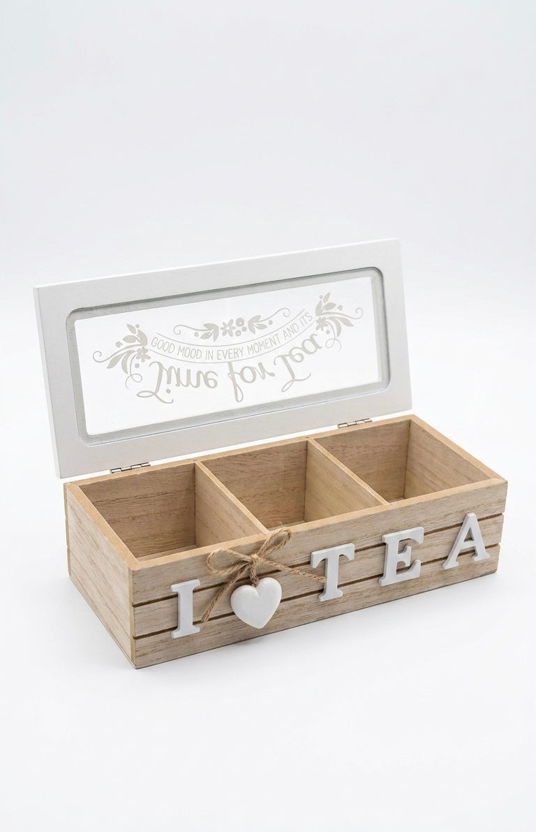 Rustic Wooden 3-Compartment Tea Organizer