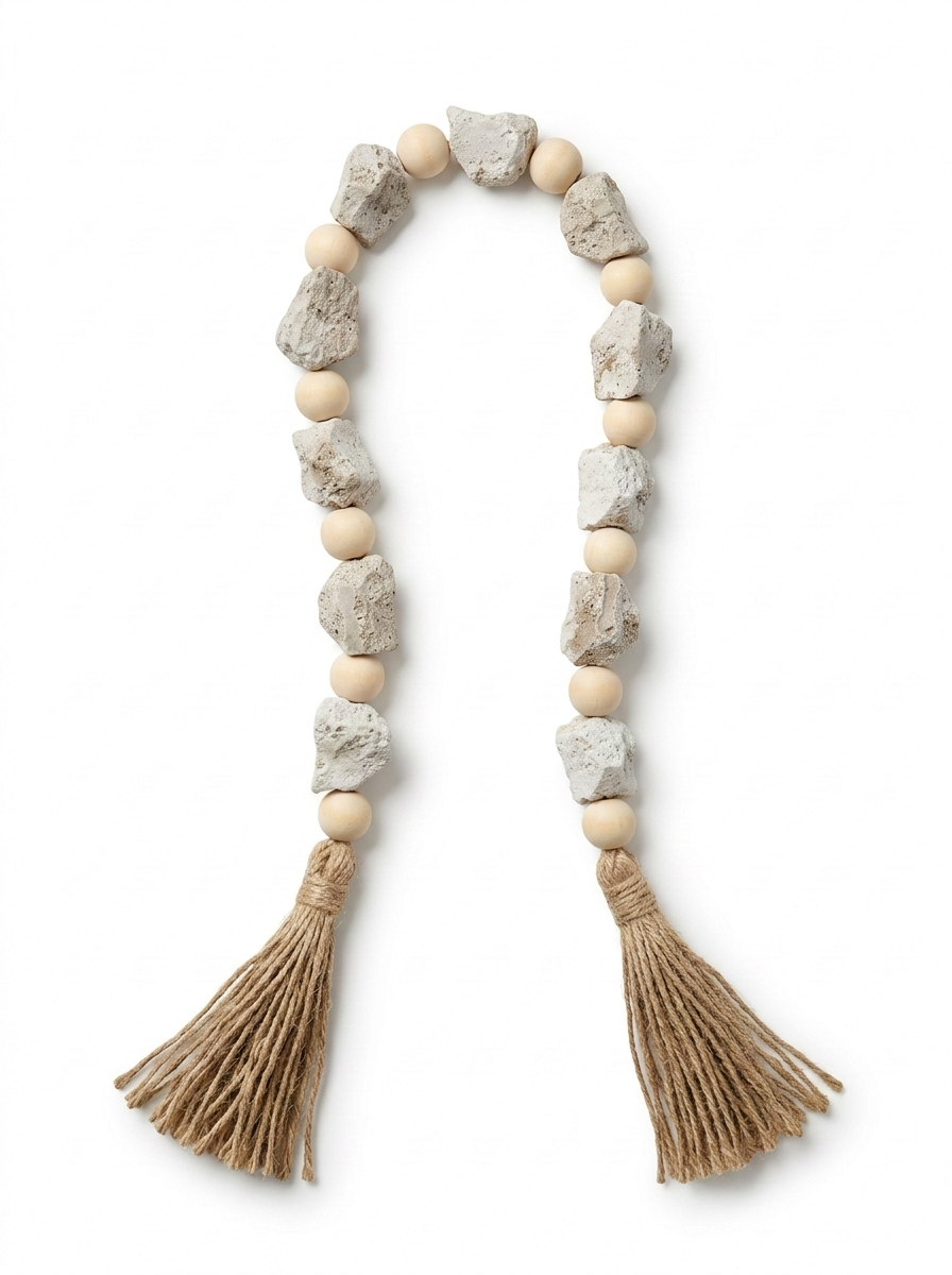 Artisan Stone & Wood Bead Garland with Jute Tassels