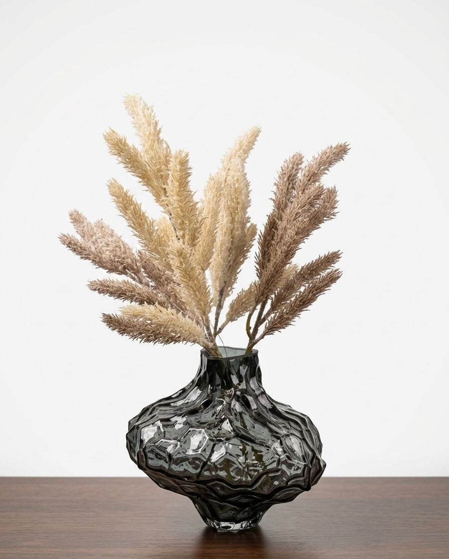 The Artisan Smoked Obsidian Vase with Natural Pampas Accents