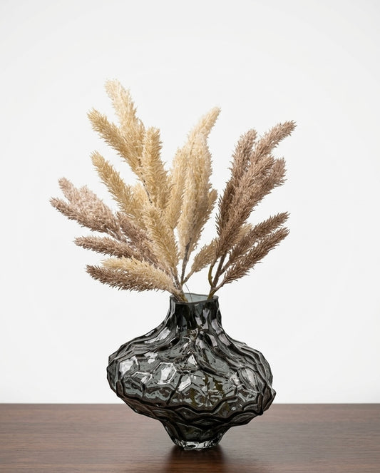 The Artisan Smoked Obsidian Vase with Natural Pampas Accents