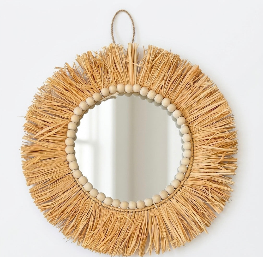 Oasis Raffia & Wooden Bead Fringe Wall Mirror