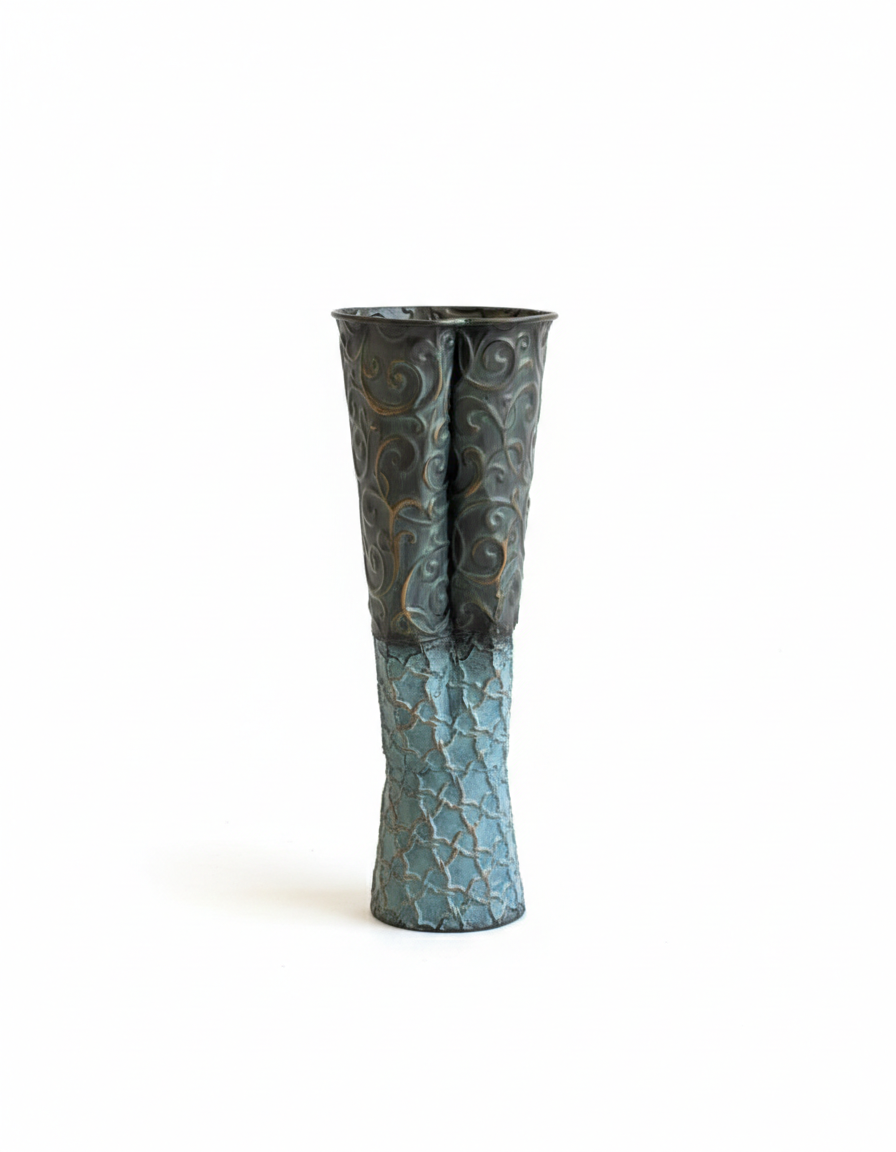Antique Blue Embossed Metal Vase