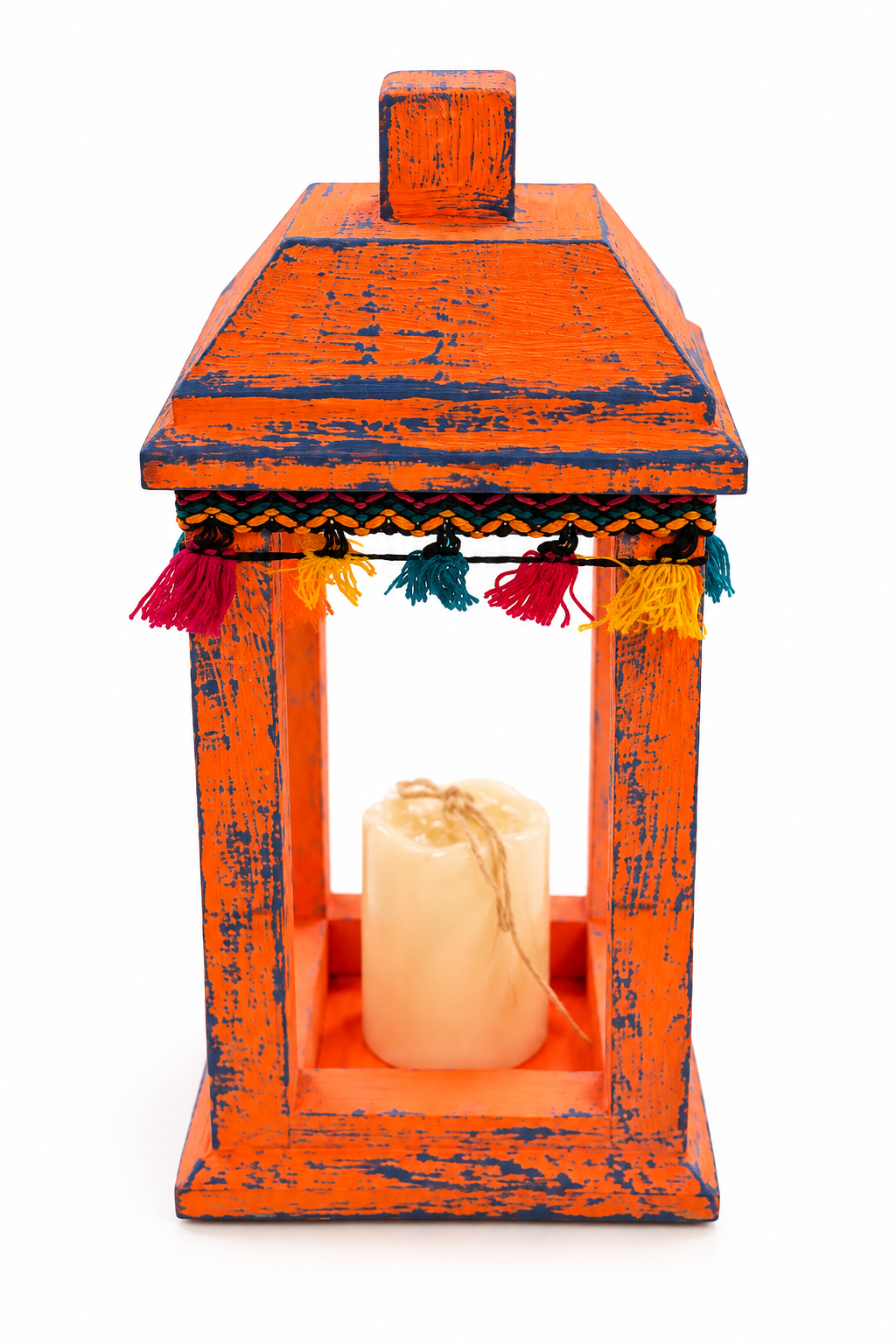 Joyful Heritage Lantern – Distressed  Wood Decor with Colorful Trim