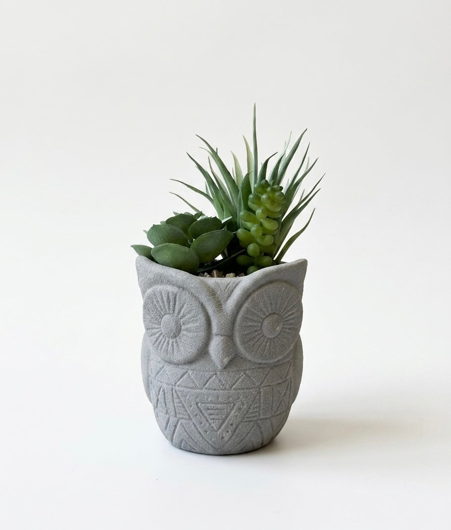 Whimsical Woodland Stoneware Planter with Artificial Succulents