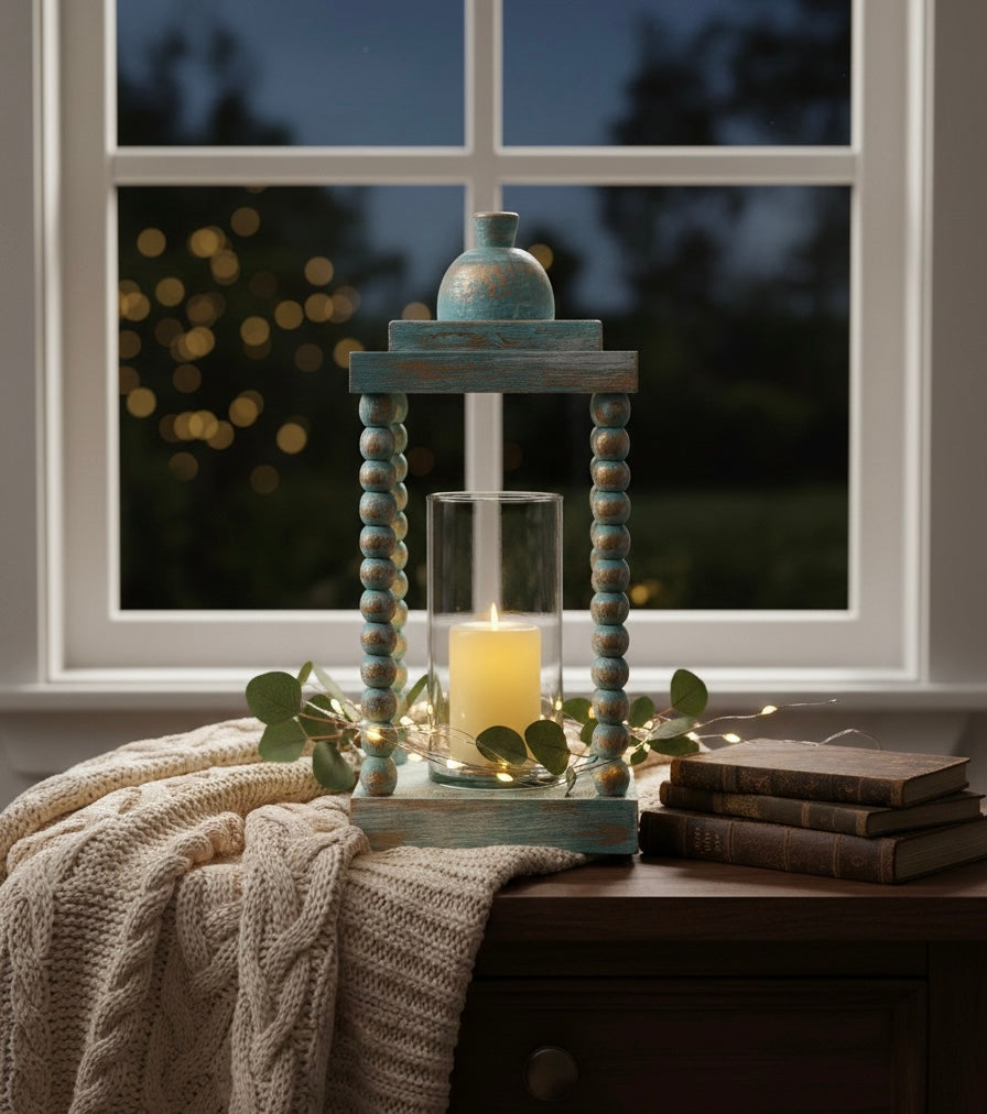 Distressed Elegance Beaded Wooden Lantern