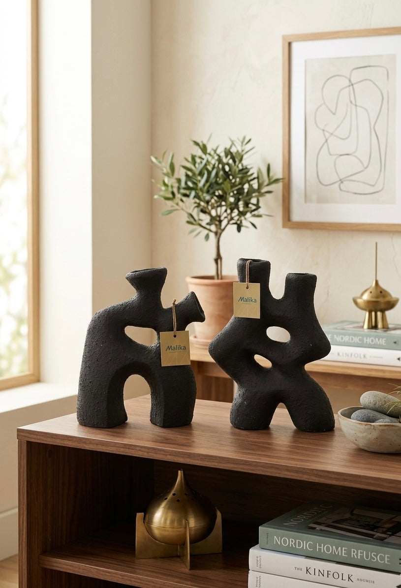 Abstract Silhouette Pottery Vases | Minimalist Black Decor
