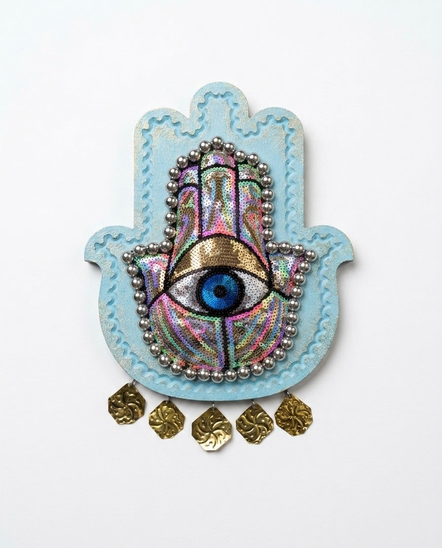 Handcrafted Hamsa Hand Wooden Wall Art – Sequined Evil Eye & Brass Charms (30x35 cm)