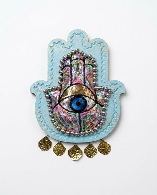 Handcrafted Hamsa Hand Wooden Wall Art – Sequined Evil Eye & Brass Charms (30x35 cm)