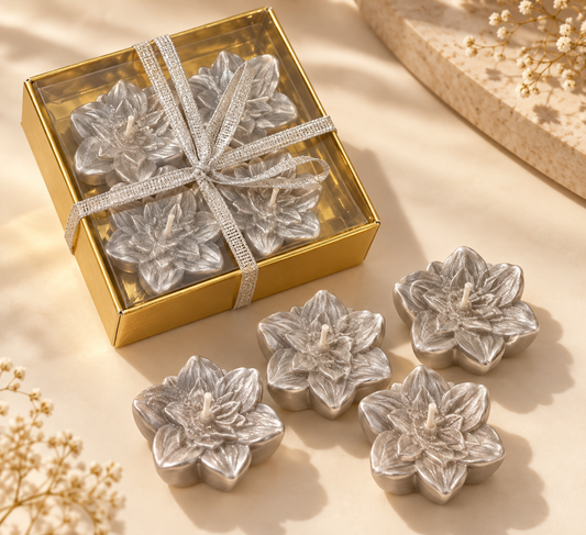 Set of 4 Silver Flower Mini Candles in Gift Box