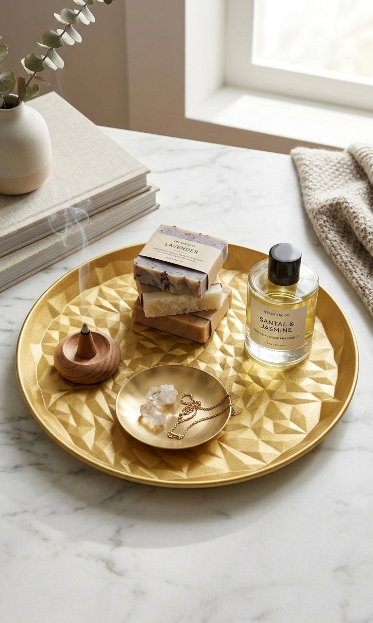 Geometric Aura Hand-Carved Gilded Wood Tray (40cm)