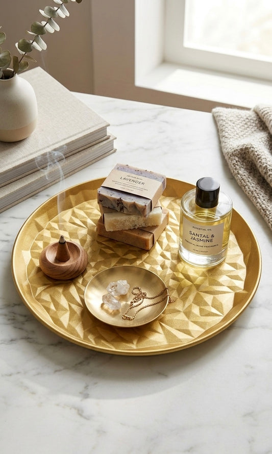 Geometric Aura Hand-Carved Gilded Wood Tray (40cm)
