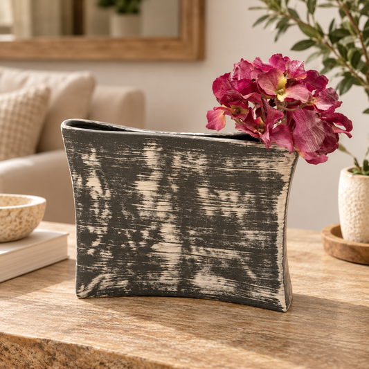 Rustic Charcoal Decorative Vase with Floral Arrangement