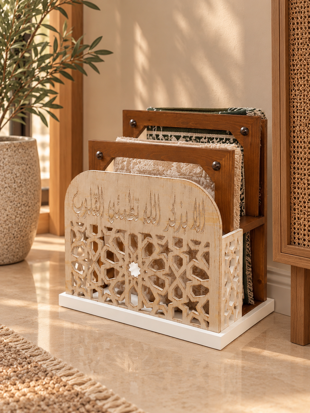 Islamic Calligraphy & Lattice Prayer Mat Organizer