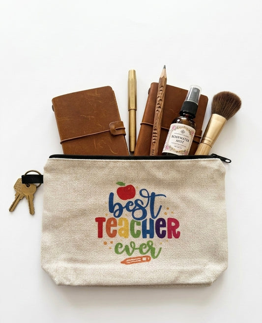 "Best Teacher Ever" Colorful Canvas Zipper Pouch & Organizer