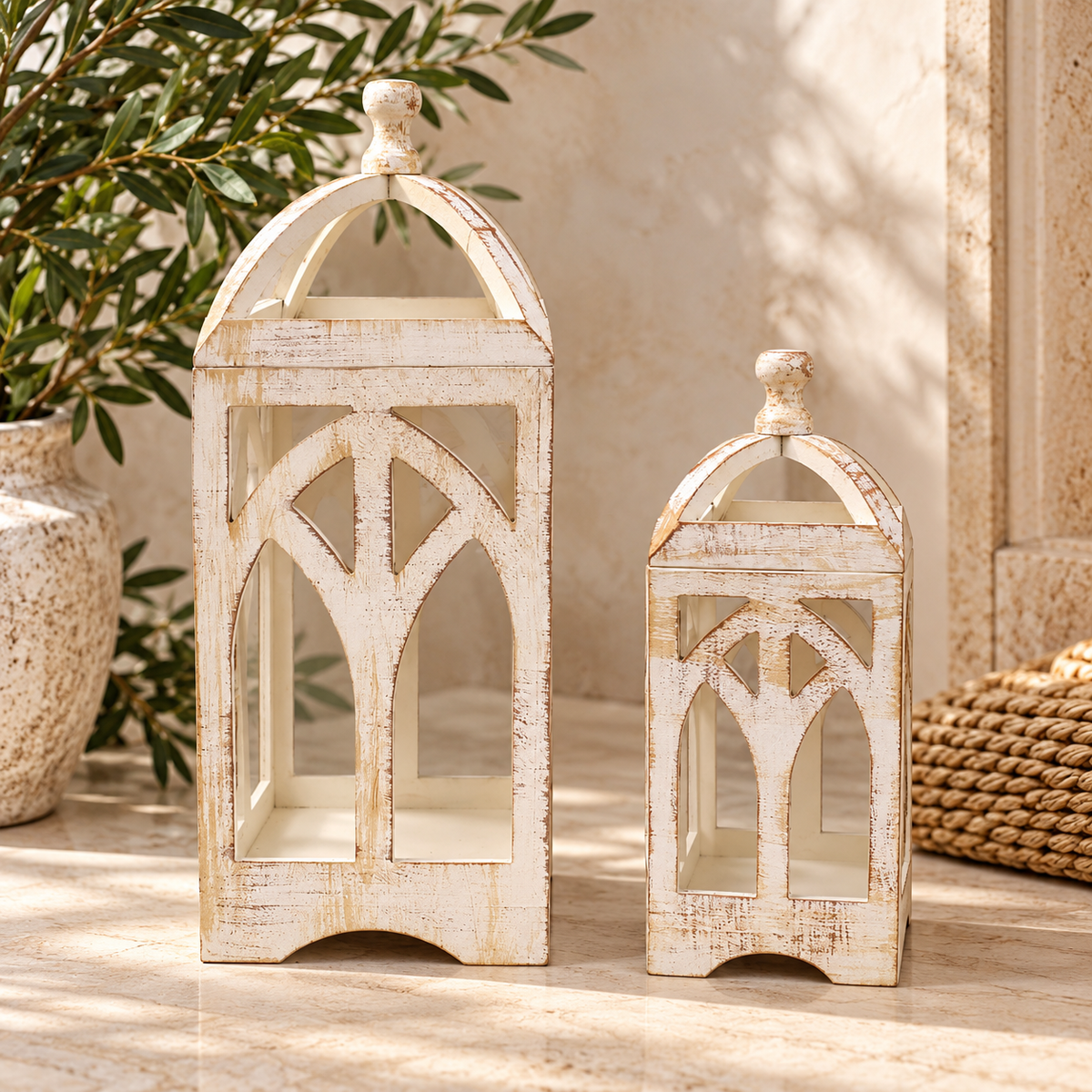 Vintage Wooden Lantern Set – Set of 2