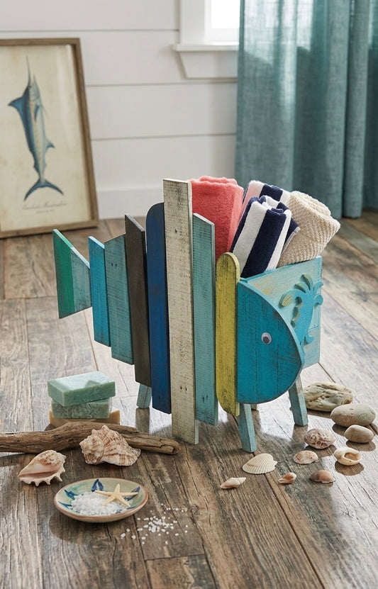 Handcrafted Wooden Fish Beach Towel Holder Basket