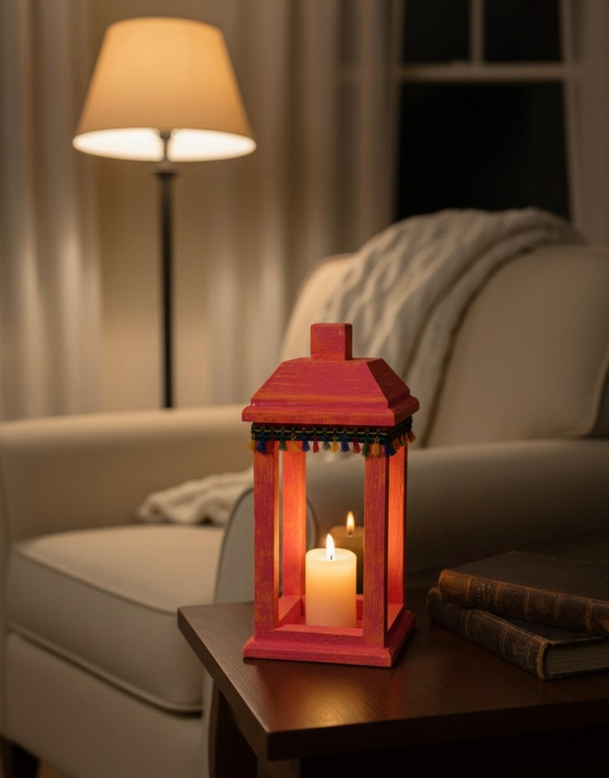 Joyful Heritage Lantern – Distressed  Wood Decor with Colorful Trim