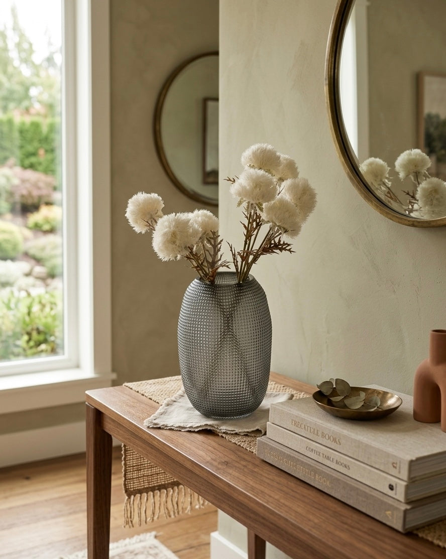 Grid-Textured Smoke Glass Vase with White Pom-Pom Blooms