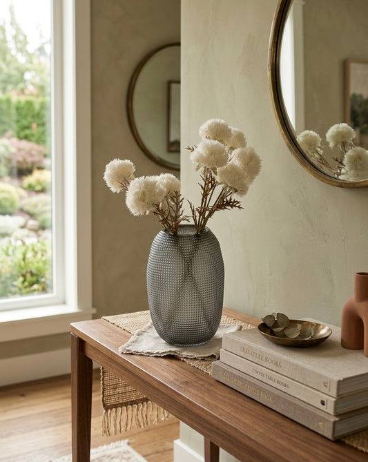 Grid-Textured Smoke Glass Vase with White Pom-Pom Blooms