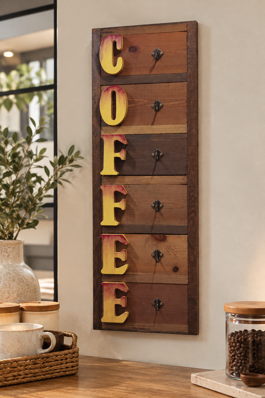 Rustic Wooden Coffee Wall Hanger with Hooks
