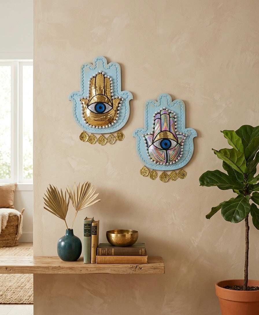 Handcrafted Hamsa Hand Wooden Wall Art – Sequined Evil Eye & Brass Charms (30x35 cm)
