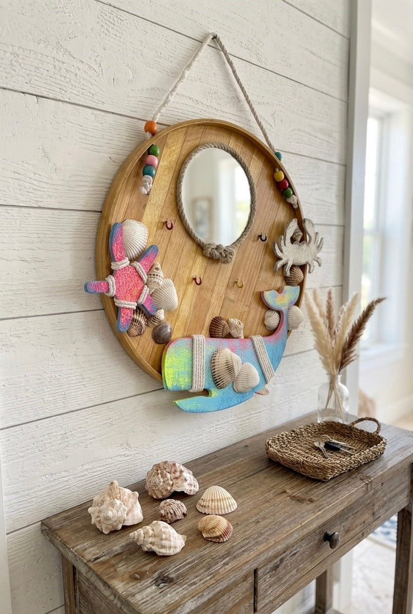 Coastal Charm Nautical Wooden Wall Hanging with Mirror & Key Hooks