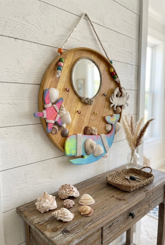 Coastal Charm Nautical Wooden Wall Hanging with Mirror & Key Hooks