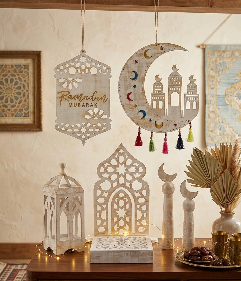 Ramadan Mubarak Distressed Wood Decor Set – 6-Piece Collection