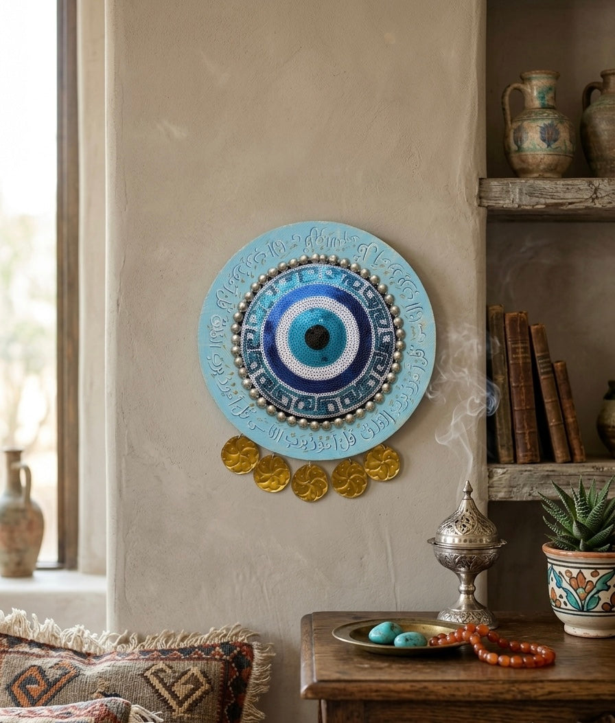 Evil Eye Wall Hanging with Arabic Calligraphy & Brass Accents