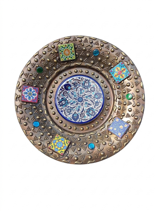 Handcrafted Copper Wall Plate with Mosaic Tiles and Gemstone Accents