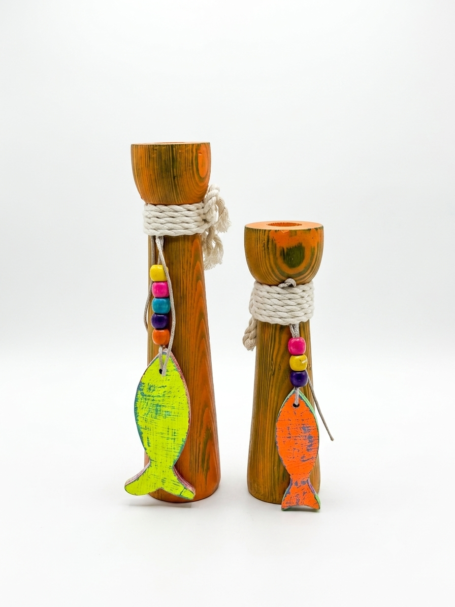 Artisan Handcrafted Pillar Candlesticks – Coastal Wood Design with Fish Accents, Pair