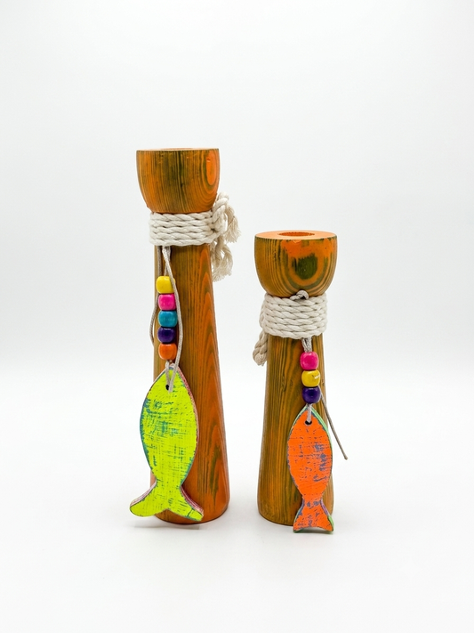Artisan Handcrafted Pillar Candlesticks – Coastal Wood Design with Fish Accents, Pair