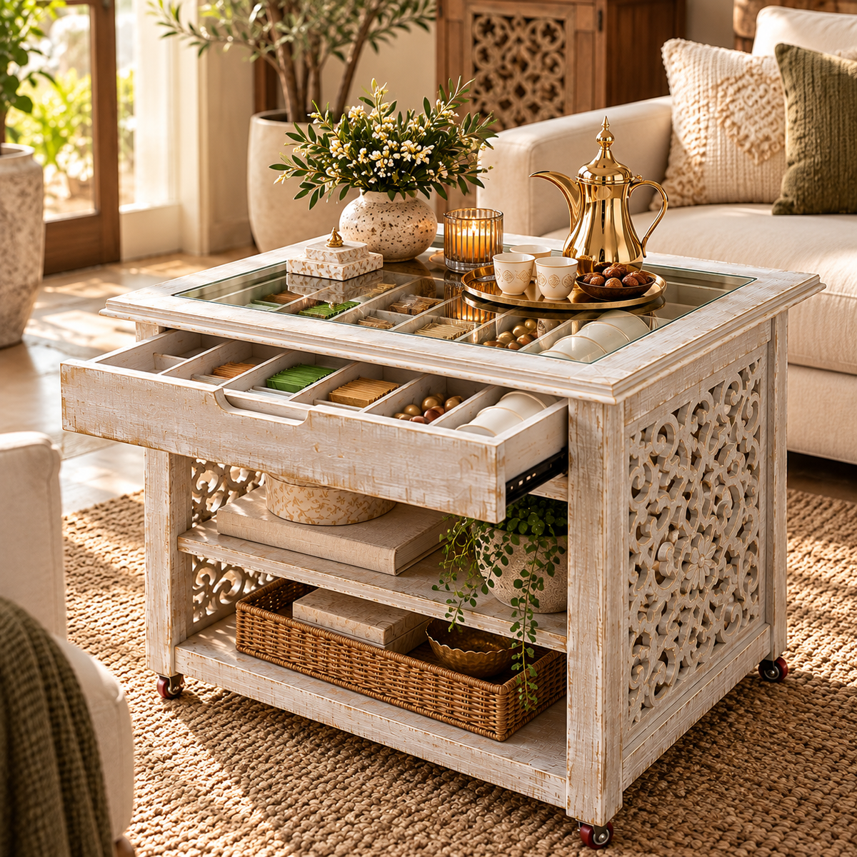 Wooden Coffee & Tea Serving Table with Glass Top & Storage Drawers  