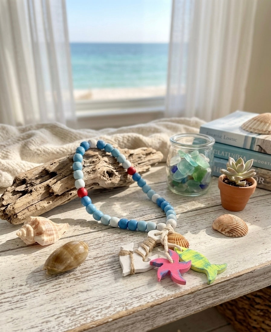 Coastal Wooden Bead Garland with Nautical Charms