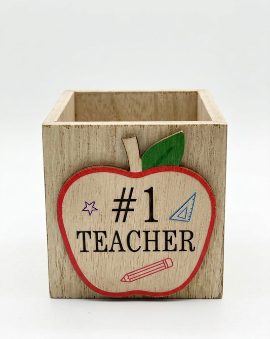 Handcrafted Wooden Apple Desk Organizer – "Best Teacher Ever" & "#1 Teacher" Designs