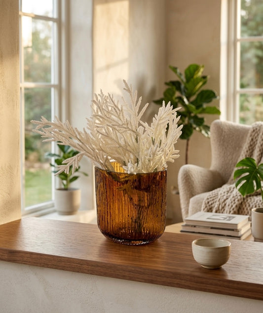 Gilded Amber Textured Glass Vase & Frosted Botanical Set