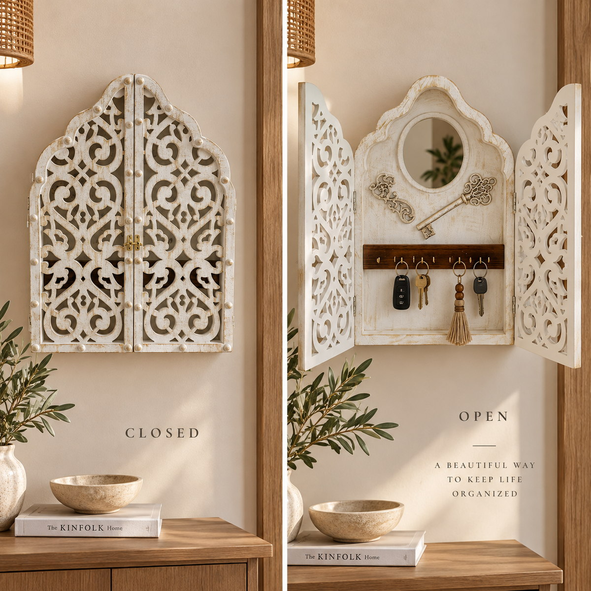 Handcrafted Rustic Wooden Key Cabinet & Mirror Wall Art 