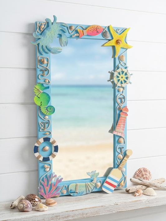 Handcrafted Nautical Wooden Wall Mirror (130 x 70 cm) — Coastal Beach House Decor