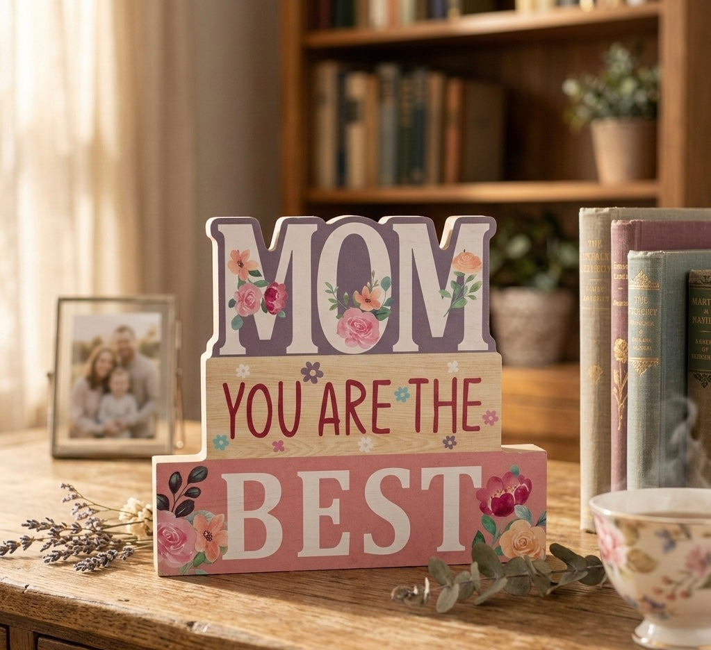"Mom You Are The Best" Floral Tiered Wooden Tabletop Decor