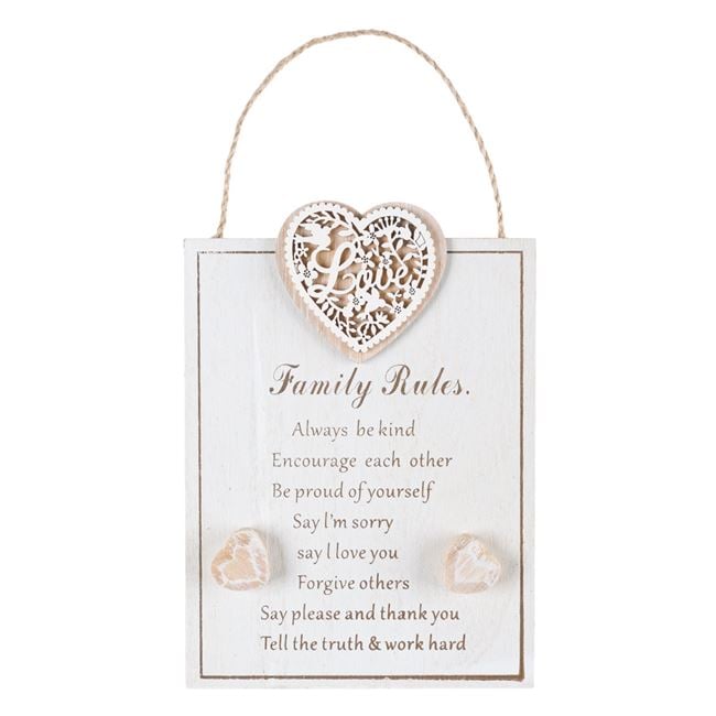 Rustic "Family Rules" Wooden Heart Wall Plaque