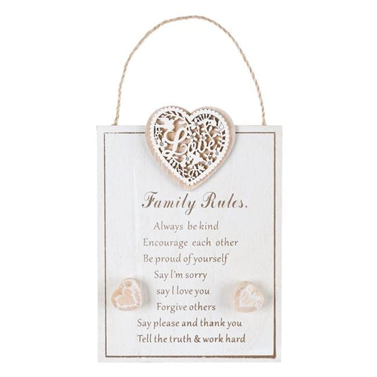 Rustic "Family Rules" Wooden Heart Wall Plaque