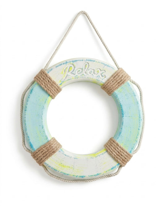 "Relax" Distressed Wooden Lifebuoy Wall Decor - 30 cm Coastal Wall Art