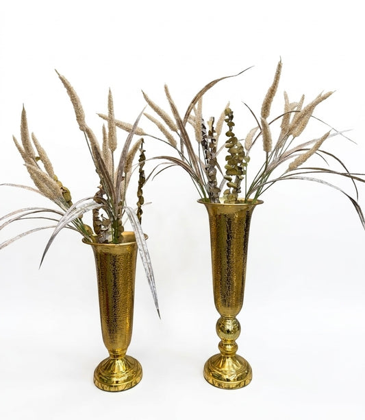 Hand-Hammered Metal Trumpet Vase Set with Natural Botanicals