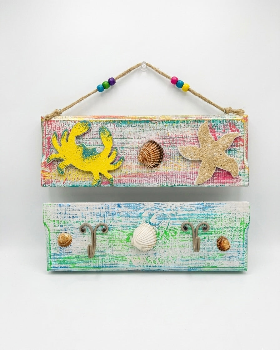 Coastal Distressed Wood Wall Art & Coat Rack