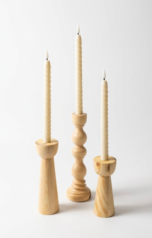 Hand-Turned Natural Pine Taper Candle Holders - Set of 3
