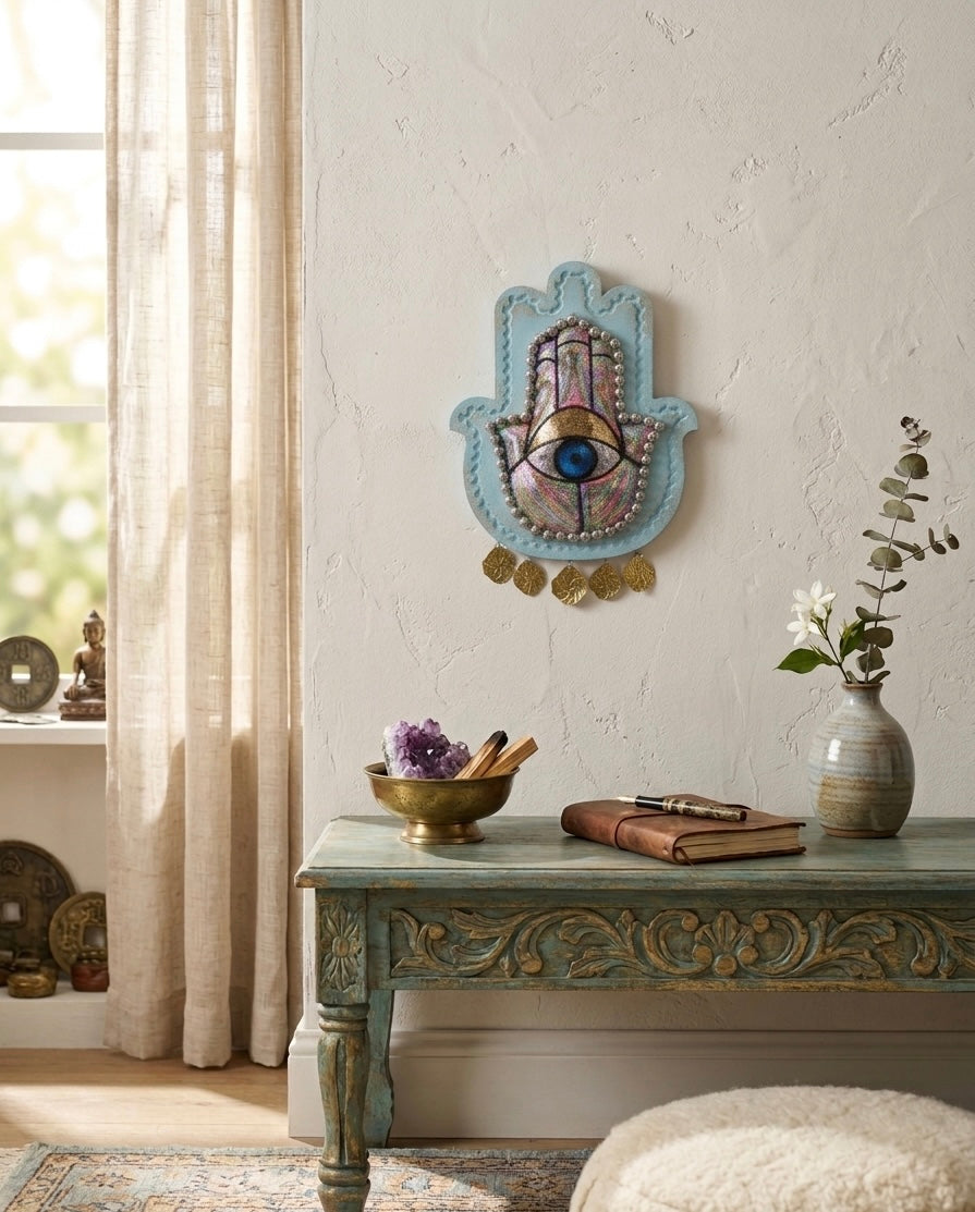 Handcrafted Hamsa Hand Wooden Wall Art – Sequined Evil Eye & Brass Charms (30x35 cm)