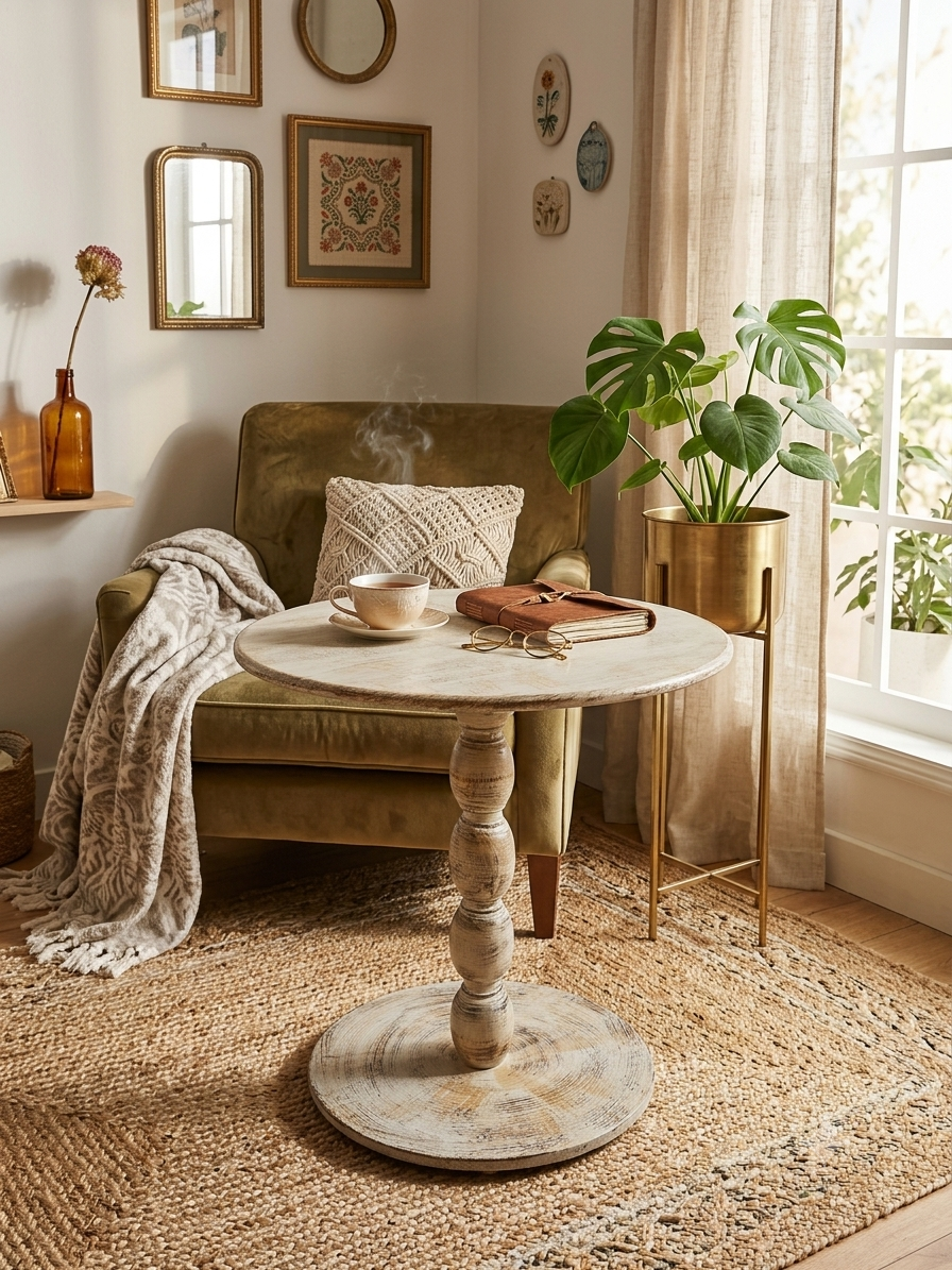 Rustic Hand-Carved Pedestal Side Table