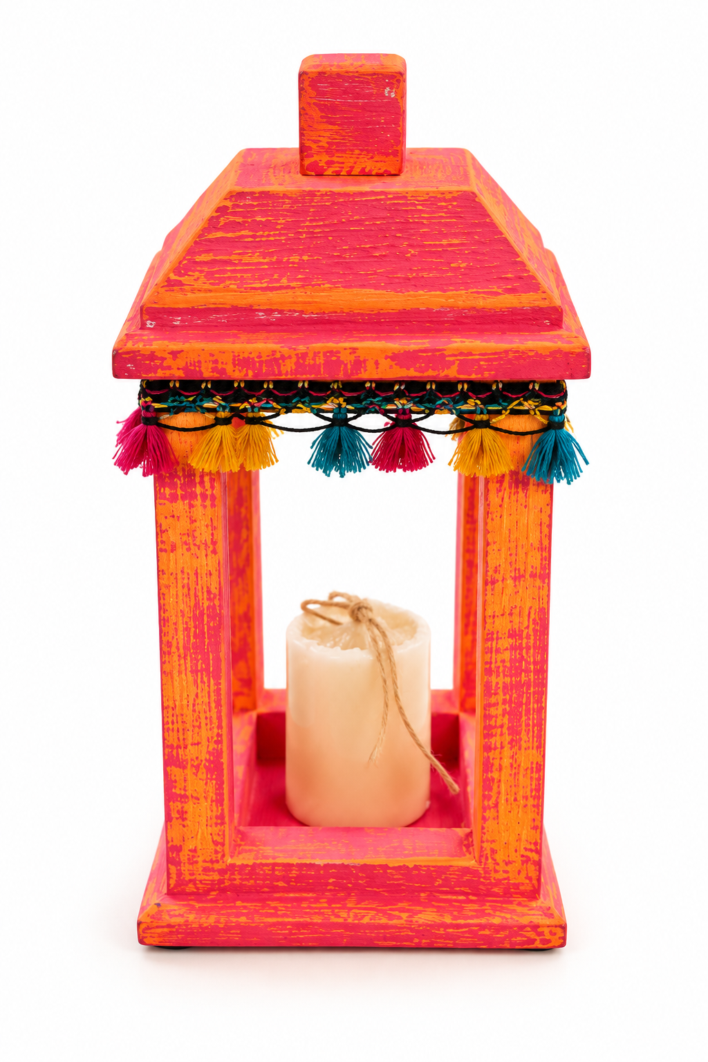 Joyful Heritage Lantern – Distressed  Wood Decor with Colorful Trim