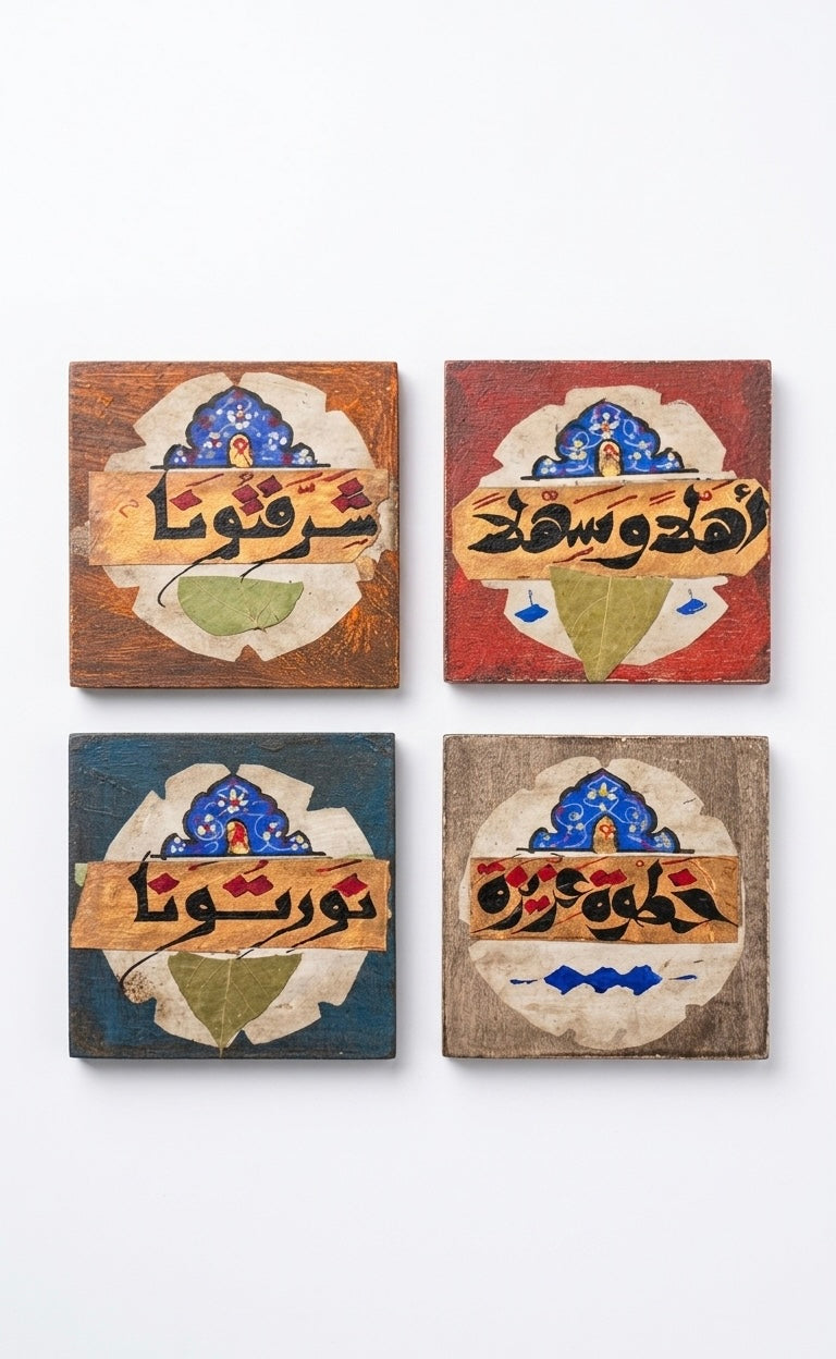 Handmade Wood Coaster Set with Arabic Calligraphy (Set of 4)