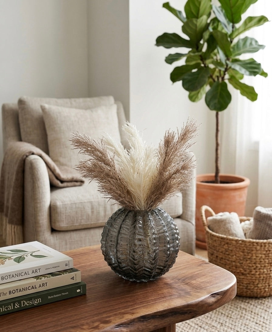 Hand-Blown Ribbed Glass Sphere Vase